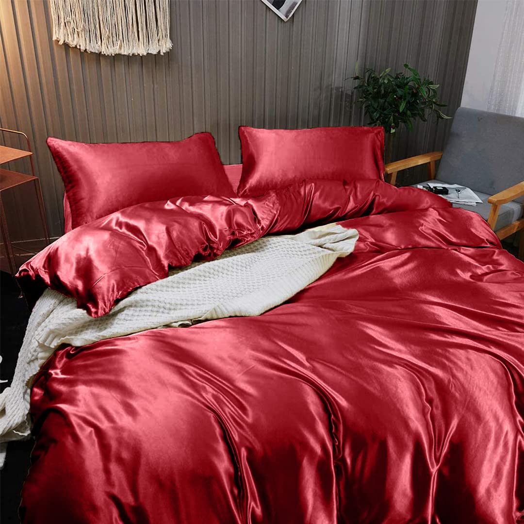 Luxury 7-Piece King Silk Satin Sheet Set - Breathable Cooling Bedding with Deep Pockets - Wrinkle Free Hotel Quality Duvet Cover & Pillowcases - Burgundy Comfy Sheets for Ultimate Sleep Comfort - Perfect for Master Bedrooms, Guest Rooms & Luxury Hotels