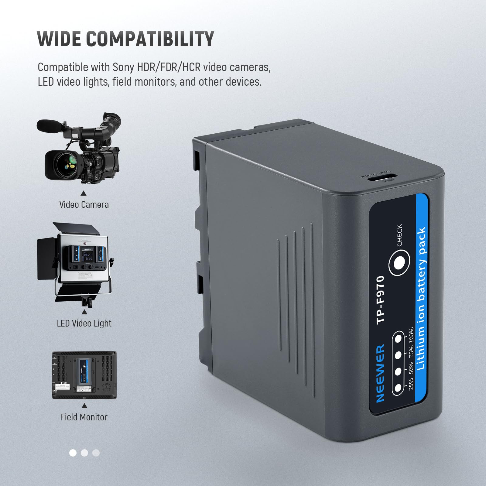 Neewer 10500mAh NP-F970 Replacement Battery for Sony Cameras - 20W PD Fast Charging with USB-C, 4.8Hrs Full Charge - Compatible with Sony NP-F550/F750/F950/F970 - Power Your Camera, Camcorder, Video Light & Monitor - Perfect for Photography, Videography & Outdoor Shooting (Gray)