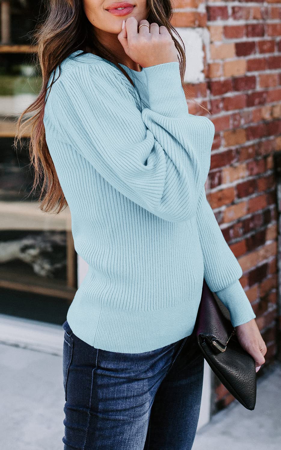 Women's Puff Sleeve Pullover Sweater - Soft Slim Fit Crew Neck Knit Jumper in Solid Colors | Perfect for Office Wear, Casual Outfits & Fall Layering