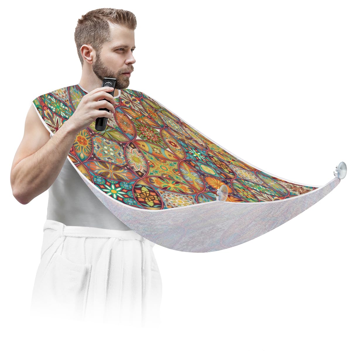 Men's Shaving Beard Bib with Ethnic Floral Mandala Pattern - Non-Stick Hair Catcher Apron & Cape with Suction Cups - Perfect Grooming Cloth for Husband & Dad - Ideal for Home Barbering, Salon Use & Birthday Gifts