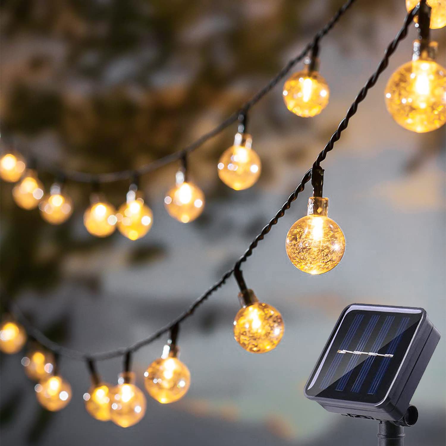 Solar Powered Outdoor String Lights - 20ft Waterproof IP65 LED Crystal Globe Hanging Lights for Patio, Backyard, Porch, Balcony | Perfect for Wedding Decor, Party Lighting & Camping (Warm White) | Create Magical Ambiance for Evening Gatherings & Special Events
