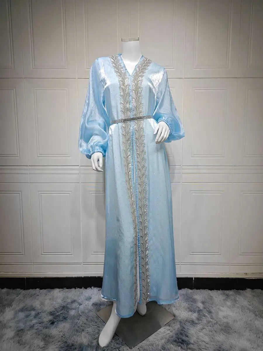 2-Piece Hotfix Rhinestone Caftan Dress Set with Inner Sleeveless Dress #25453 - Elegant Beach Cover Up, Evening Gown & Summer Party Wear for Women