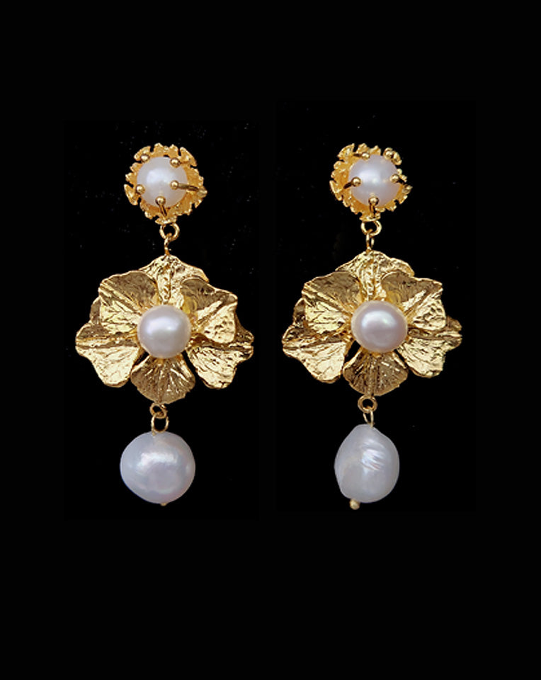 Elegant Modern Pearl and Orchid Floral Wedding Earrings by Lola Knight - Perfect for Bridal, Prom, and Formal Occasions