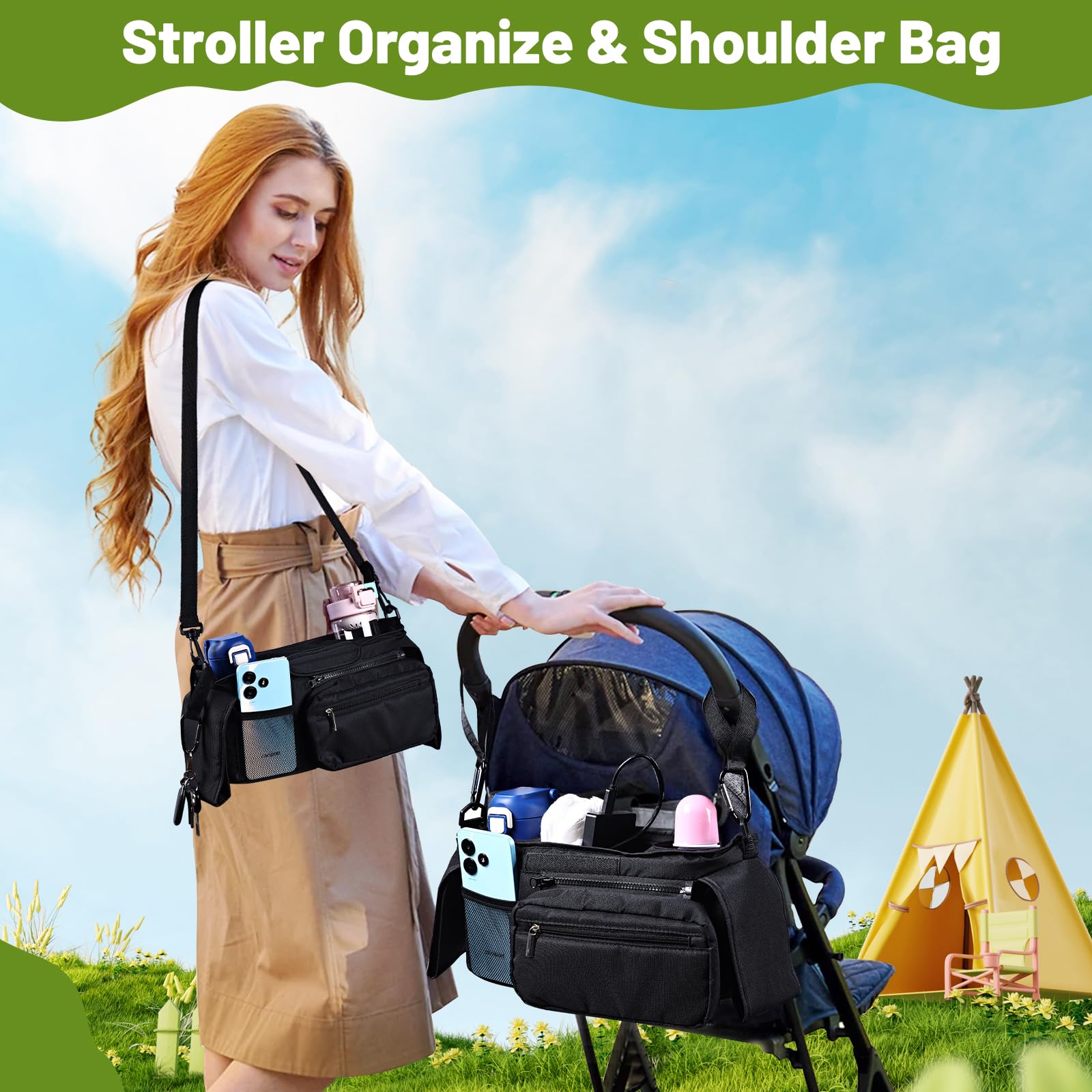 Universal Stroller Organizer & Cup Holder - Fits Doona, Evenflo Shyft Dualride, Uppababy Vista V2 & More | Perfect for Diaper Bags, Snacks & Drinks on Stroller Walks