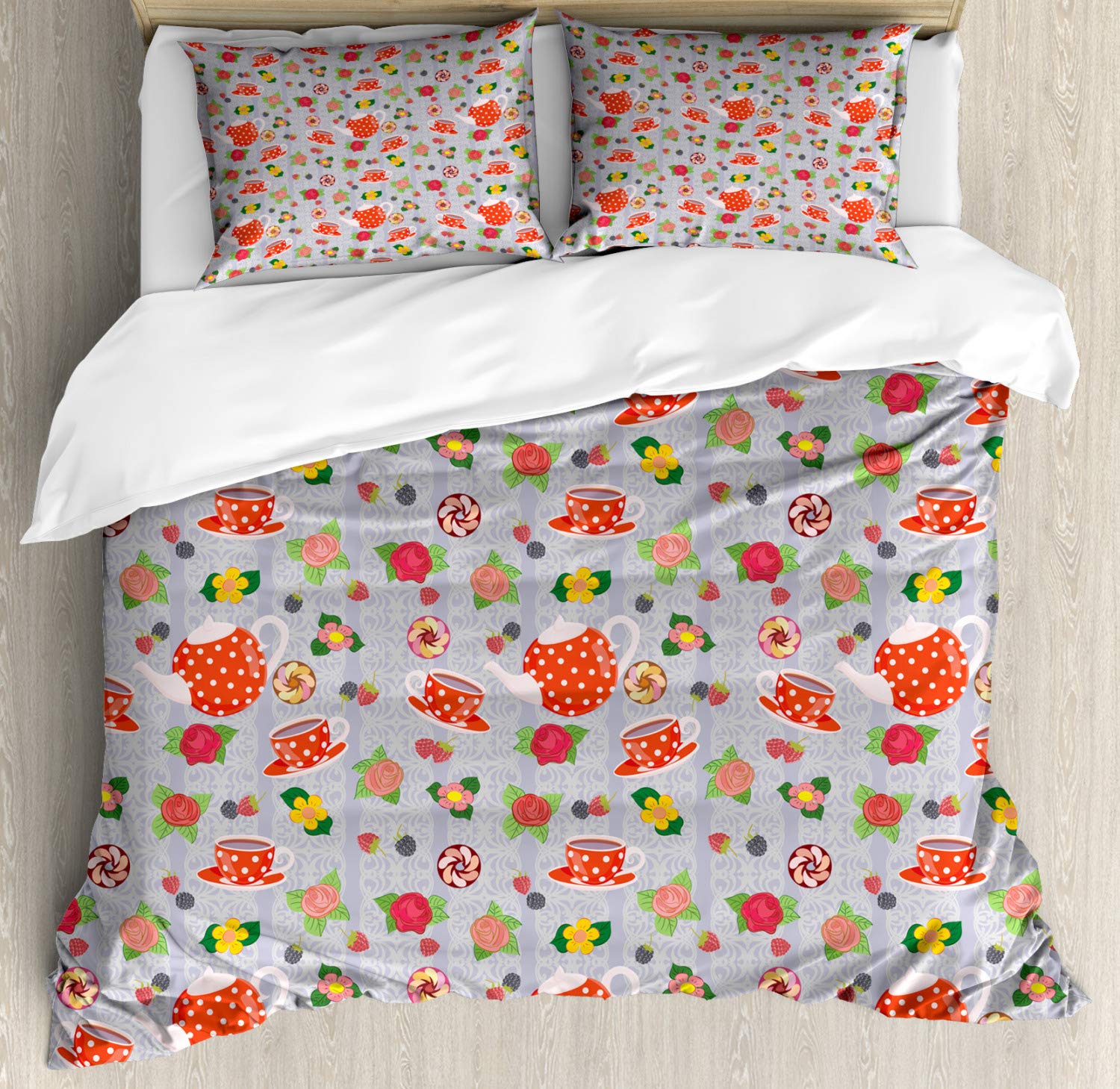 Ambesonne Cartoon Duvet Cover Set - Retro Polka Dot Orange Flower Tea Pot Design, 2-Piece King Size Bedding Set with 4 Pillowcases - Perfect for Kids' Room, Teen Bedroom & Vintage Home Decor