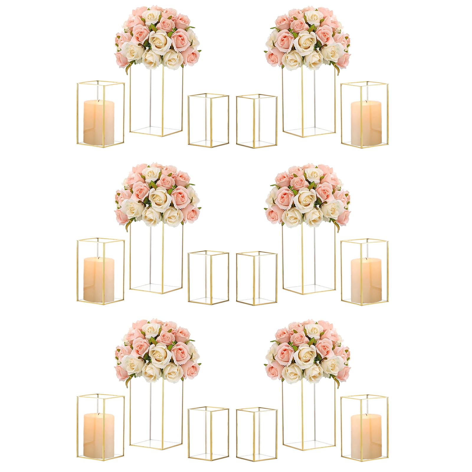 Premium Glass Hurricane Candle Holder Set of 18 - Gold Large Table Centerpiece & Tall Floor Square Pillar Candle Holders for Wedding, Anniversary, Party Decor - Elegant Fireplace & Dining Room Lighting Accessories (Perfect for Romantic Dinners, Holiday Decorations and Special Events)