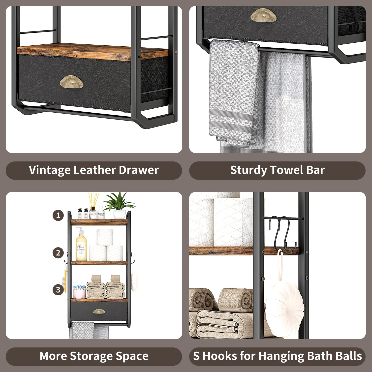 3-Tier Wall Mounted Bathroom Storage Organizer with Towel Rack, Shelves & Hooks - Rustic Black Over Toilet Shelf for Towels, Toiletries & Decor | Space-Saving Bathroom Organization for Small Apartments & Modern Homes