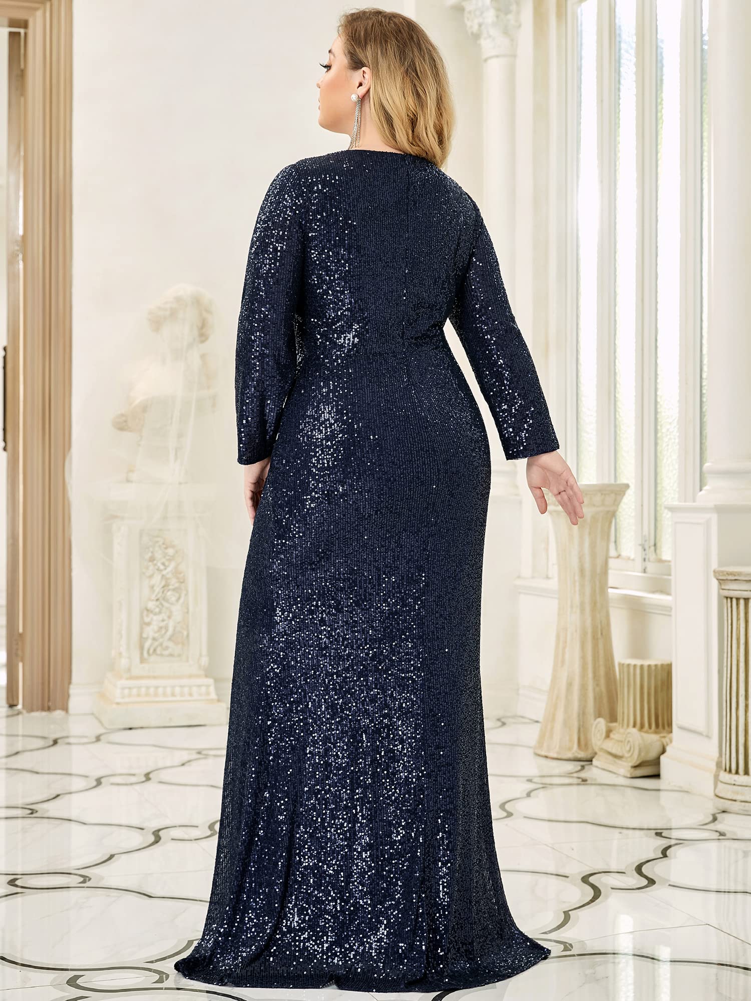 Ever-Pretty Women's Plus Size Long Sleeve Sequin Maxi Dress with High Slit - Elegant Evening Gown for Prom, Party & Special Occasions