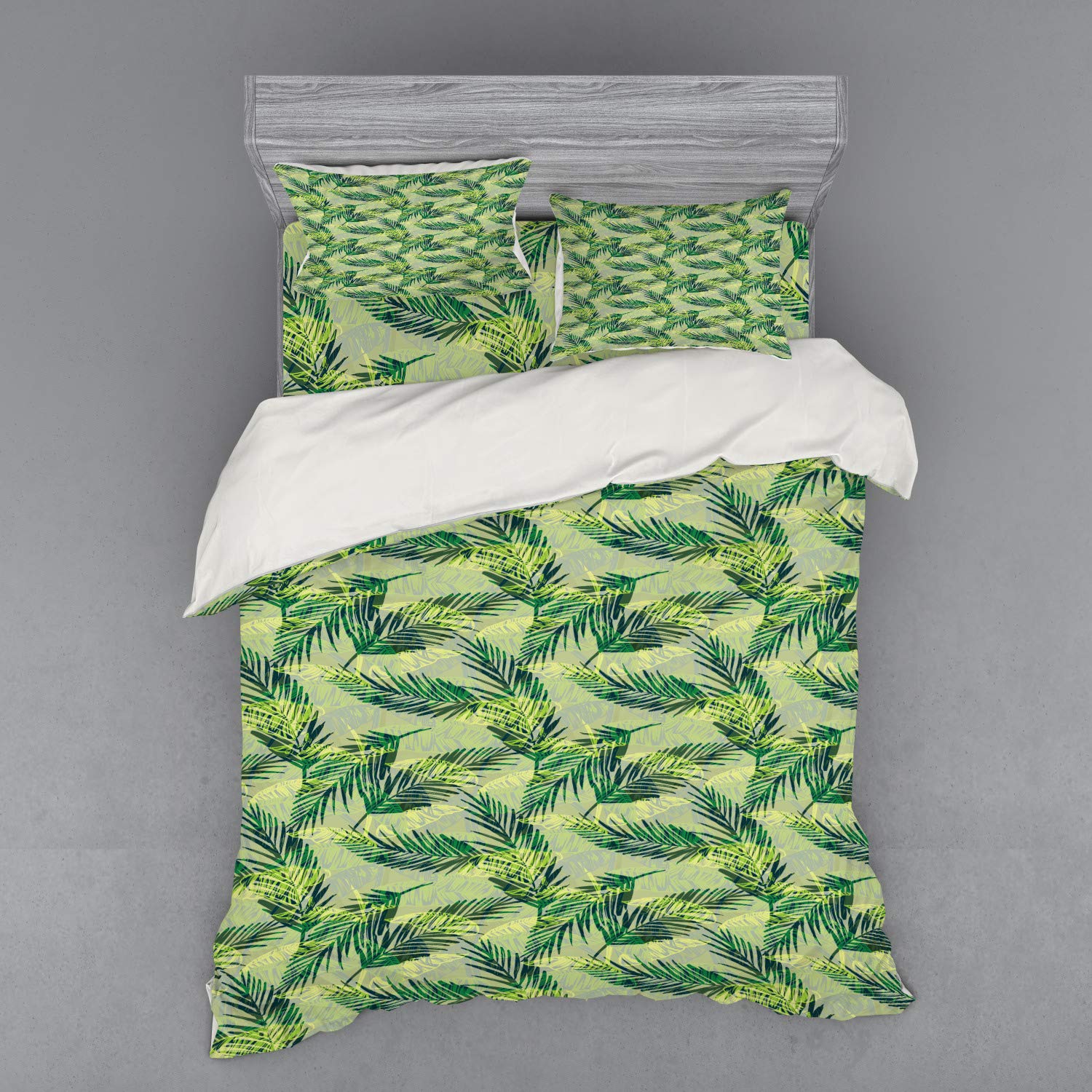 Ambesonne Palm Leaf Bedding Set | Jungle Rainforest Pattern Duvet Cover with Shams & Fitted Sheet | Queen Size Green Apple | Hand-Painted Tropical Foliage Design | Perfect for Boho & Jungle Themed Bedrooms