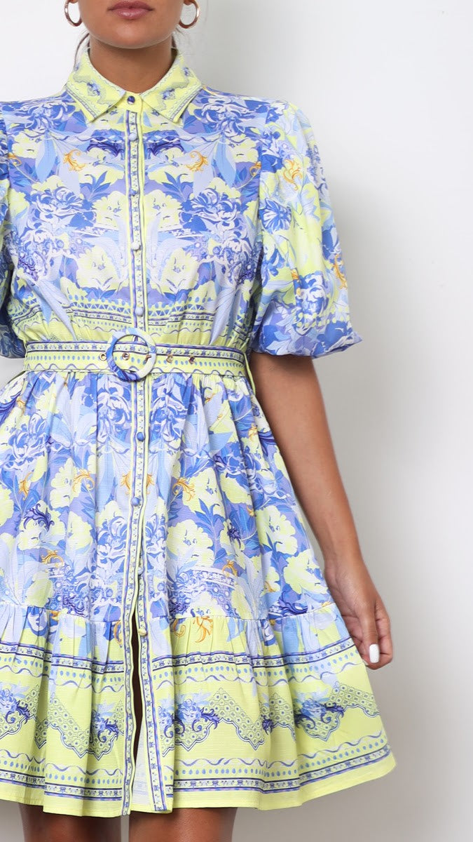 Kalliope Mini Dress for Women - Blue & Yellow Floral Summer Dress - Perfect for Beach, Vacation, and Casual Outings