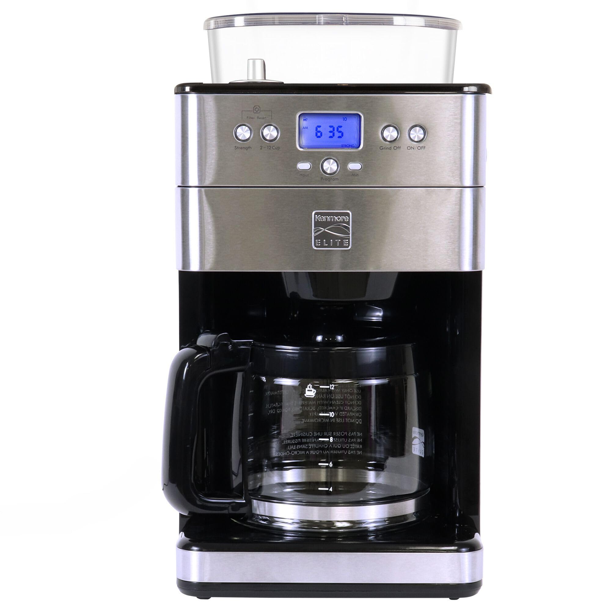 Kenmore Elite Grind and Brew Coffee Maker - 12 Cup Programmable Automatic Coffee Machine with Burr Grinder, Fresh Bean Hopper & Glass Carafe - Perfect for Home Kitchens, Offices and Small Cafés - Barista Style Coffee Maker for Espresso, Latte & Drip Coffee