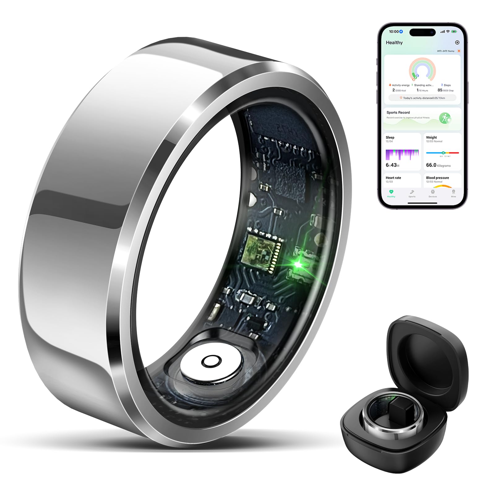 Smart Health & Fitness Ring with Charging Case - Waterproof Activity Tracker for Men & Women | Bluetooth Connected Step Counter, Calorie & Distance Monitor | Compatible with Android & iOS | Perfect for Workouts, Sleep Tracking & Daily Health Monitoring