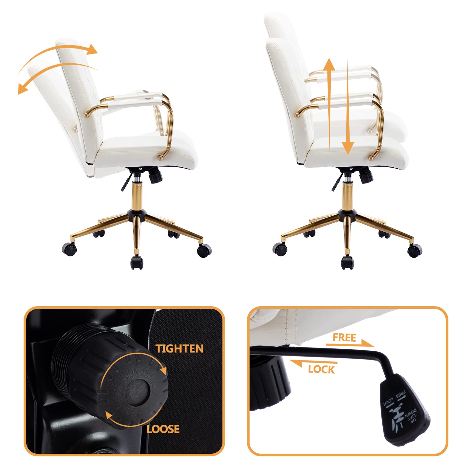 Premium PU Leather Home Office Desk Chair - Modern Gold Swivel Task Chair with Wheels, Adjustable Height & Armrests, Ergonomic Computer Chair for Office, Study, Gaming & Workspace - White & Gold Base