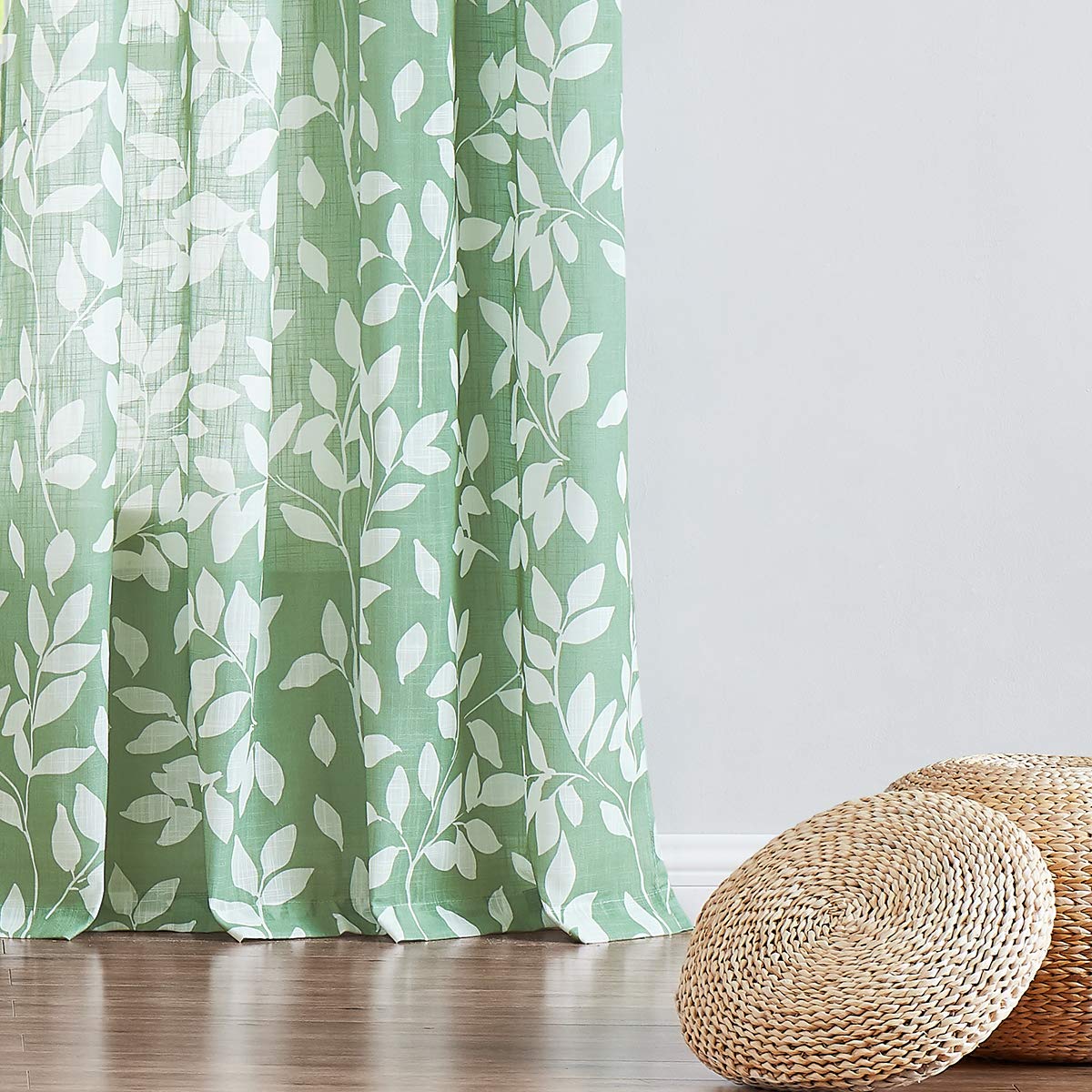 Treatmentex Leaf Print Semi-Sheer Curtains - 95 Inch Long White & Green Window Drapes with Grommet Top (1 Pair) | Elegant Living Room & Bedroom Window Treatments for Natural Light Filtering & Privacy