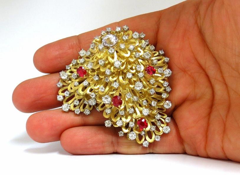 Erwin Pearl 8.00 Carat Natural Diamond & Red Spinel 18K Gold Brooch Pin - Elegant Jewelry for Weddings, Parties & Special Occasions