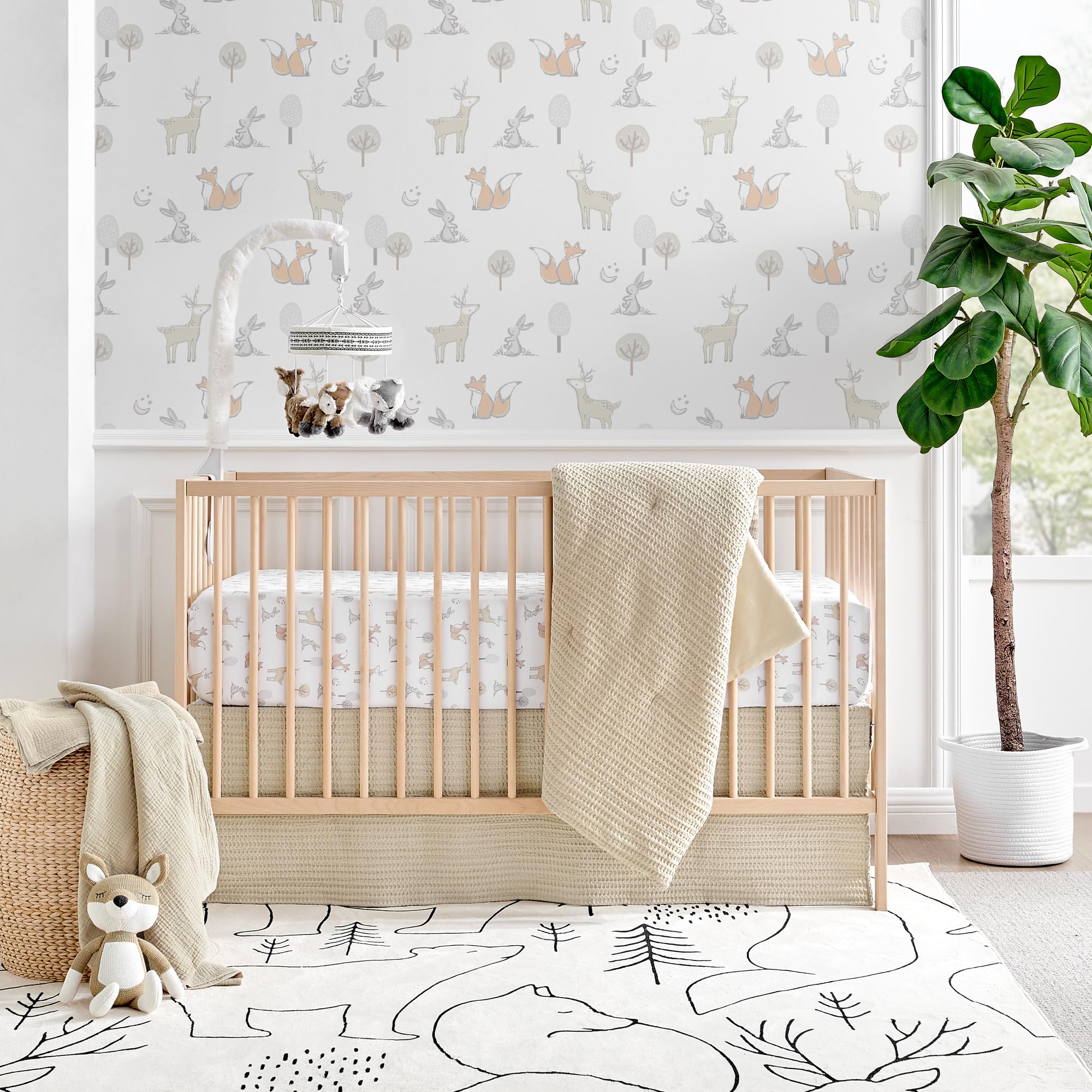 Levtex Baby Mills Waffle Crib Bedding Set - 4 Piece Nursery Set with Quilt, Fitted Sheet, Dust Ruffle & Rope Basket - Soft Taupe Textured Waffle Weave for Baby Boy & Girl - Perfect for Newborn Nursery, Baby Shower Gift & Cozy Sleep