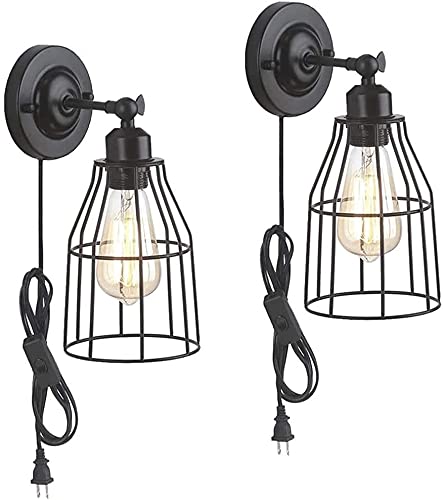 Vintage Industrial Edison Wall Sconce Set of 2 - Black Wire Cage Plug-in Wall Lamps with Switch & 4.9ft Cord - Perfect for Bedside Reading, Living Room, Dorm & Home Office Lighting Decor