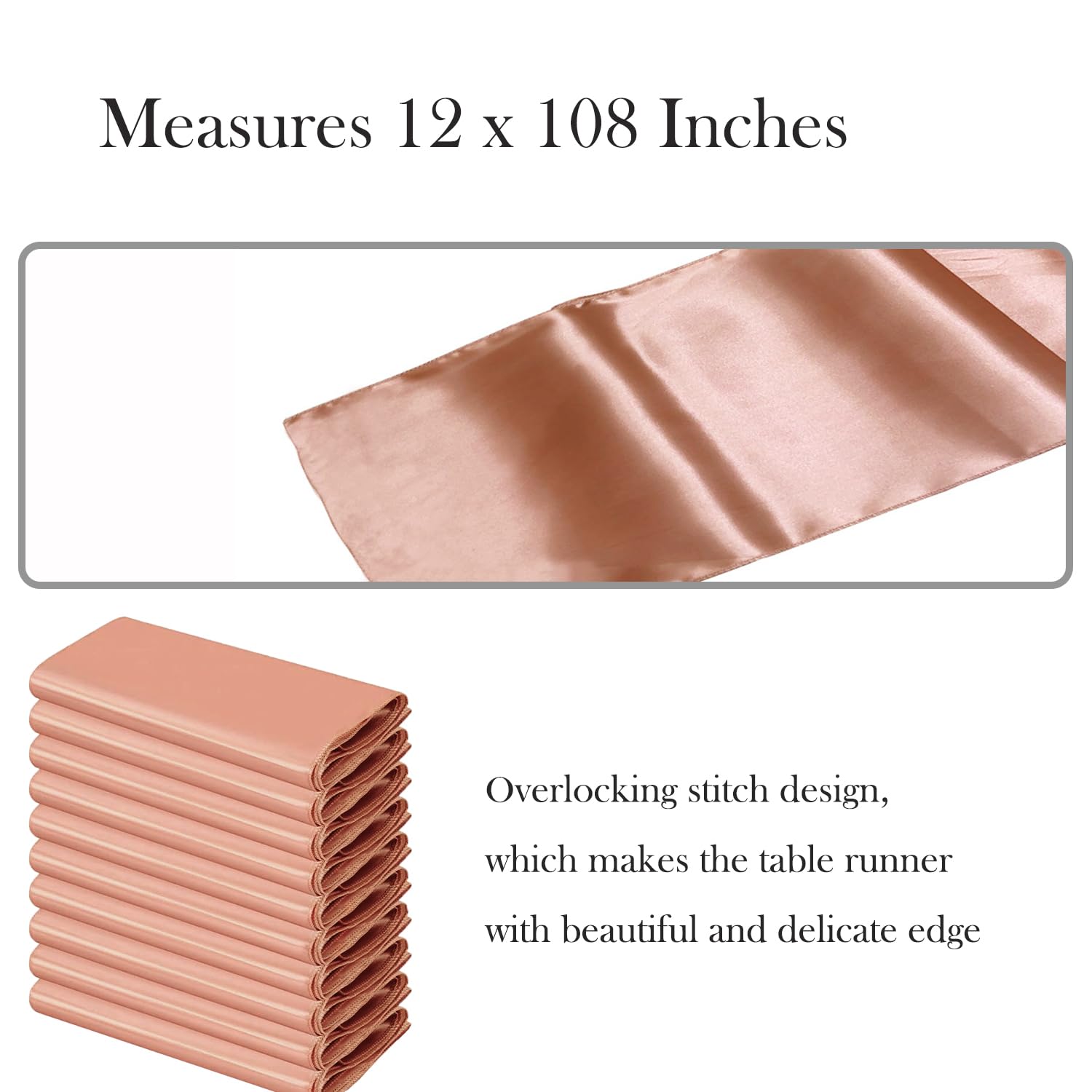 10 Pack Satin Rose Gold Table Runner 12 x 108 Inches - Elegant Wedding Reception Tablecloth, Banquet Decor, Baby Shower Party, Holiday Dining Table Decoration (Rose Gold) | Perfect for Weddings, Bridal Showers, Anniversary Parties & Formal Events