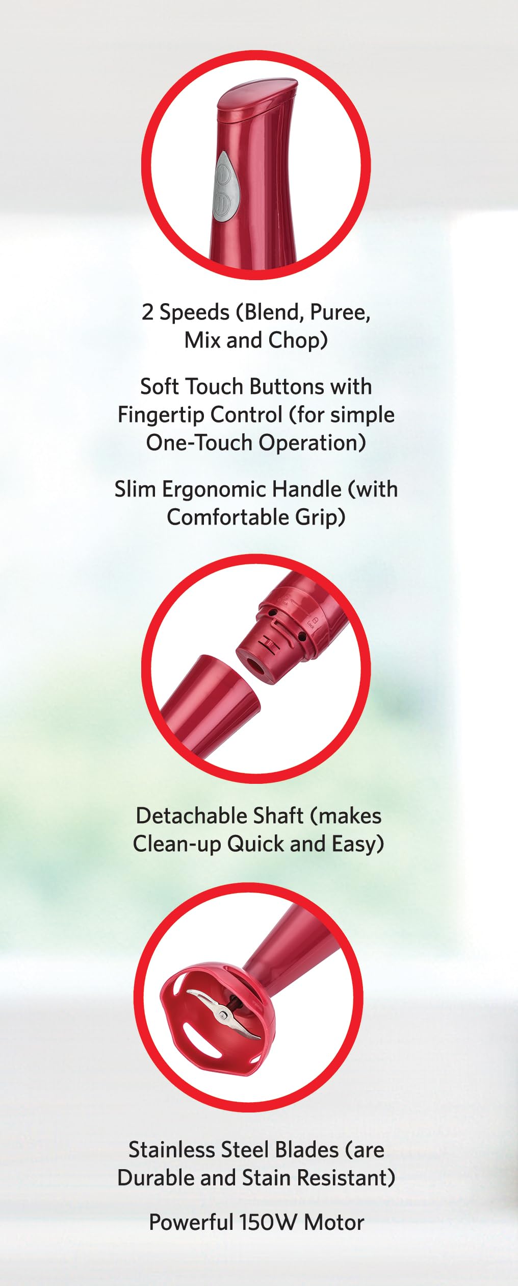 EUROSTAR 2-Speed Immersion Hand Blender with Detachable Shaft - Powerful 500W Motor, 5 Accessories for Smoothies, Soups & Baby Food - Red (Perfect for Kitchen, Cooking & Meal Prep)
