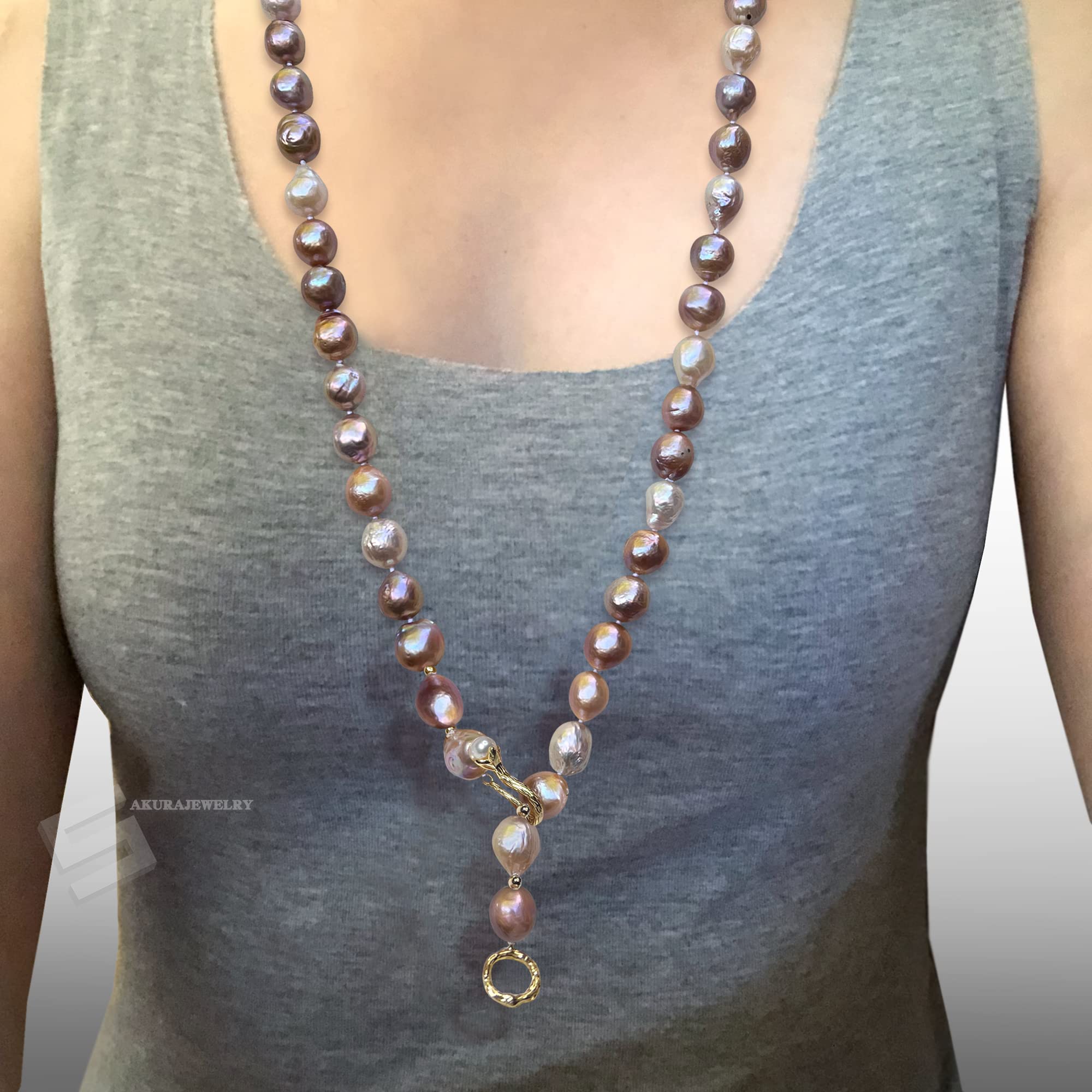 Elegant Metallic Baroque Pearls Long Necklace - 45