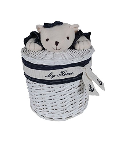 Anne Home Set of 4 Oval Willow Baskets with Teddy Bear - White & Blue Woven Storage Baskets for Kids' Toys, Books & Clothes | Perfect for Nursery, Playroom & Bedroom Organization