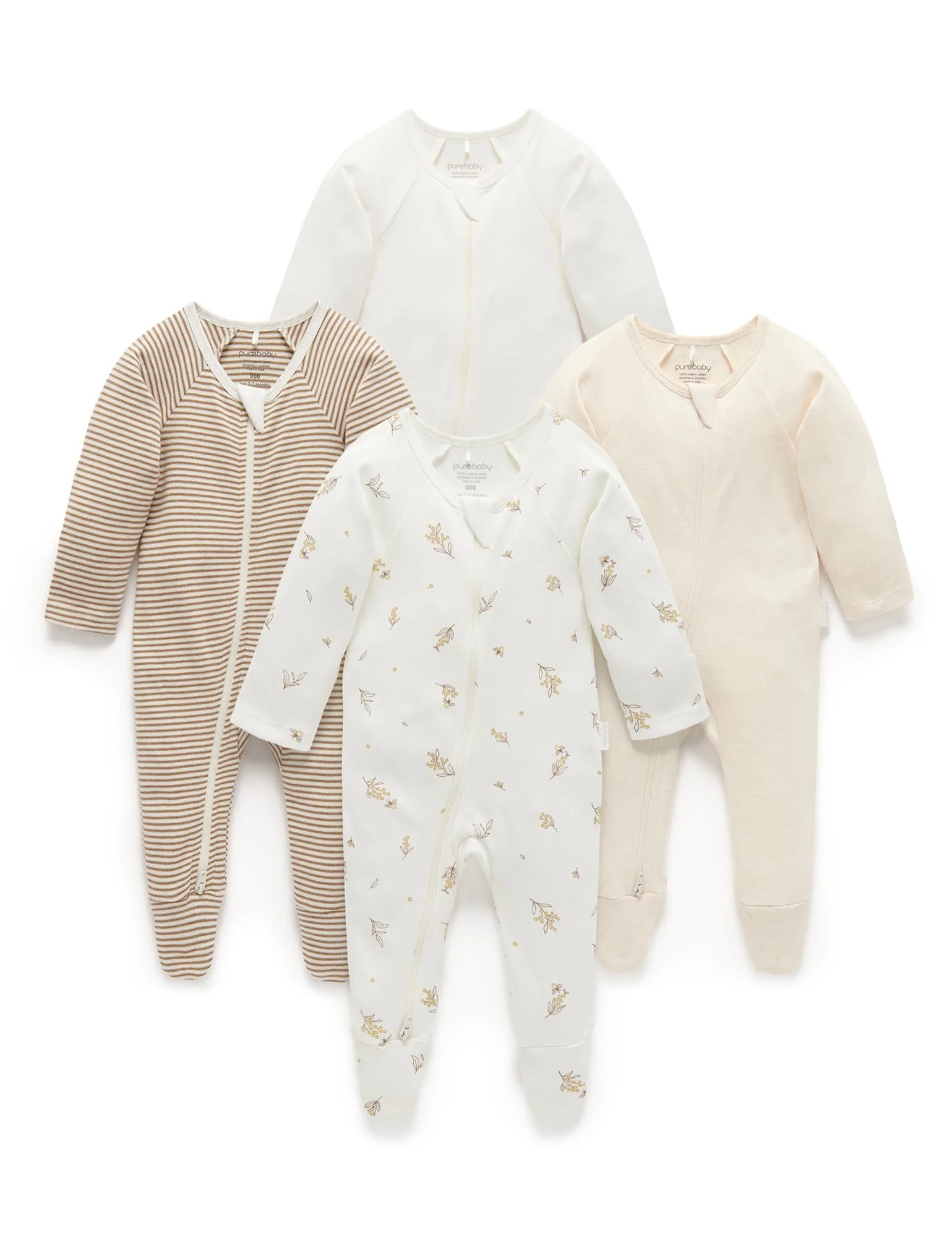 Purebaby Organic Zip Growsuit 4 Pack - Soft Cotton Baby Romper Set for Newborns & Infants (Vanilla Wattle Bee) | Perfect for Playtime, Daycare & Sleepwear