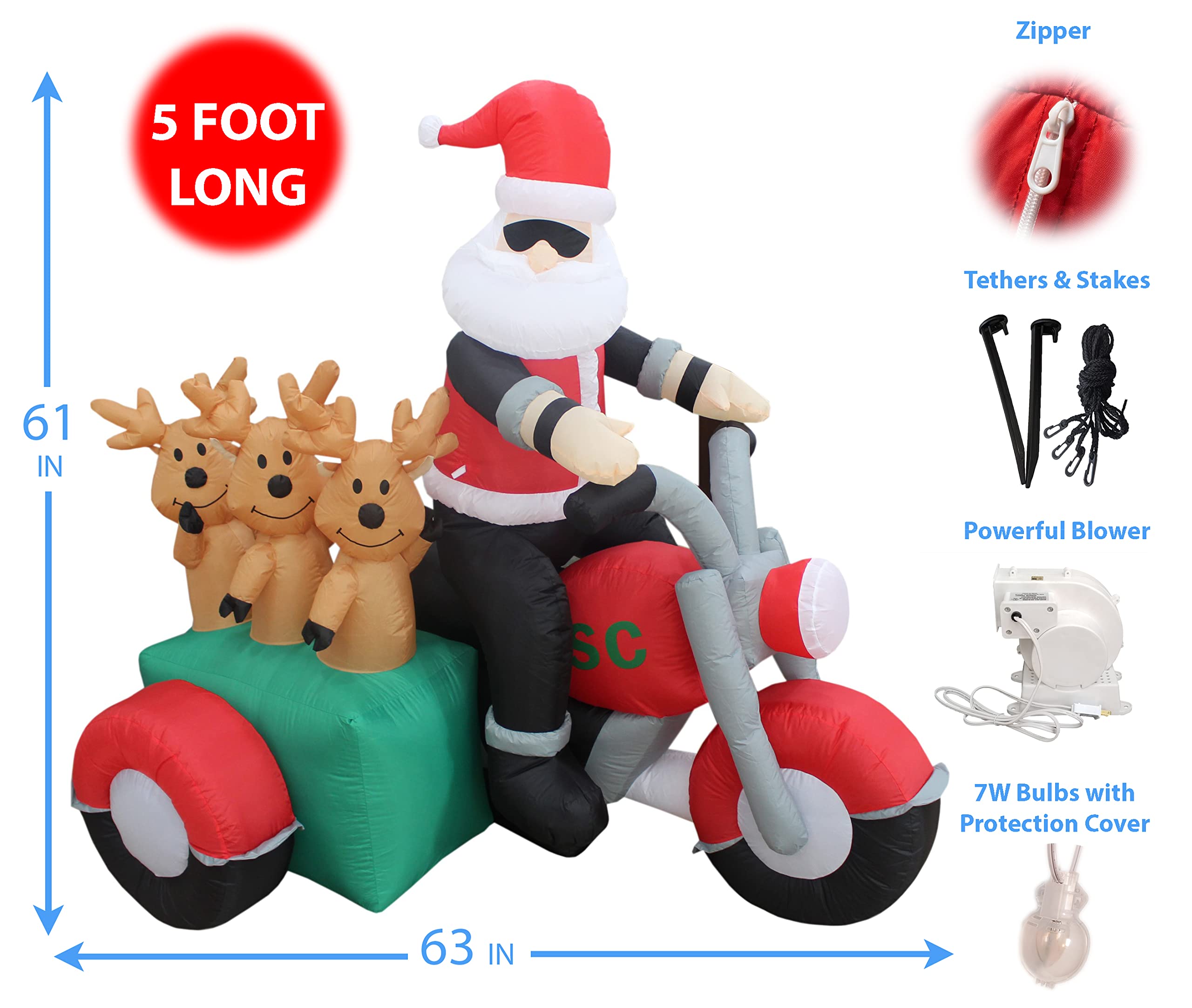 6ft Inflatable Santa Claus & 3 Reindeer Motorcycle + 8ft Santa Fishing Boat Christmas Decorations Set - Outdoor Holiday Party Decor for Yard, Lawn, and Home
