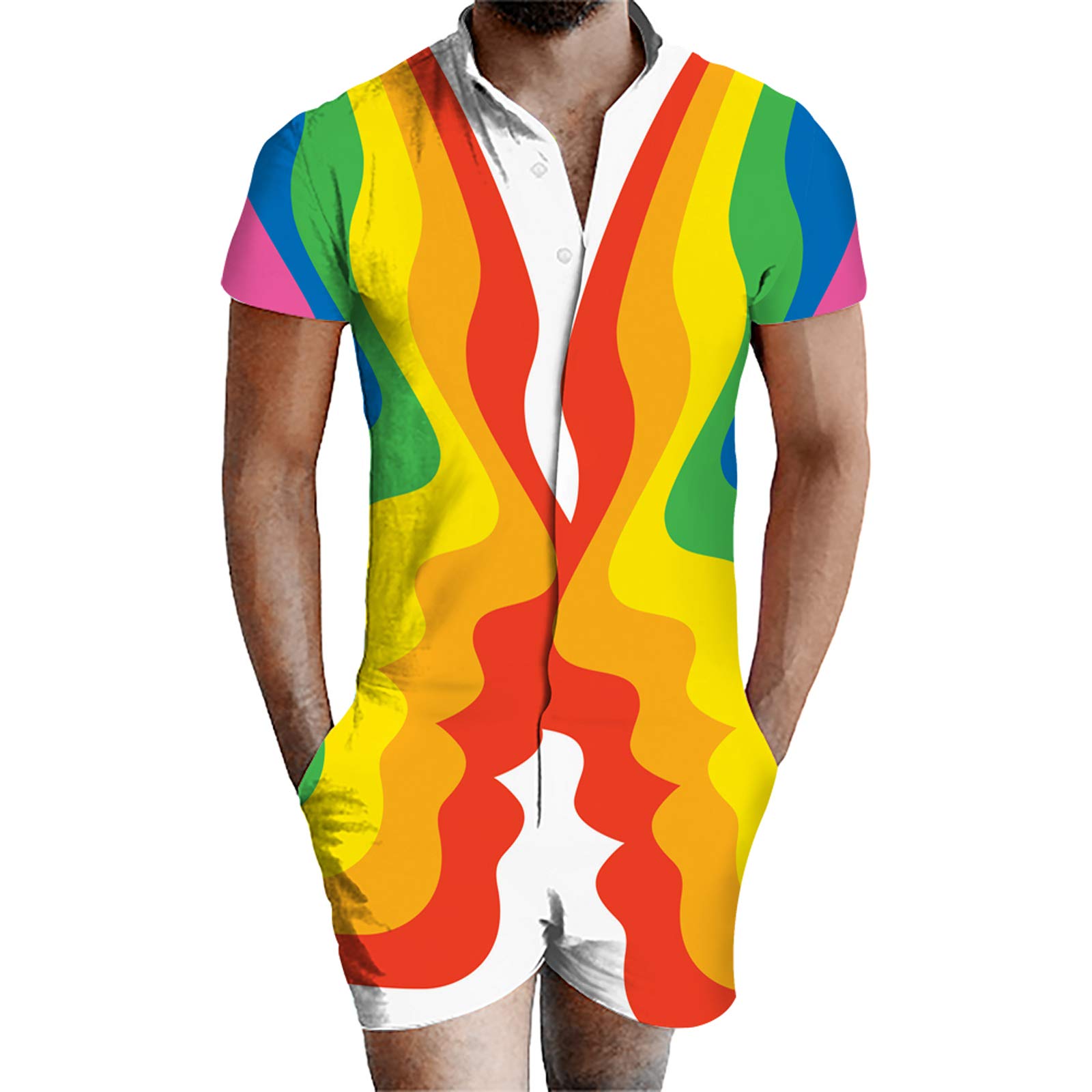 URVIP Men's Rainbow Pride Jumpsuit - 3D LGBT Gay Printed Short Sleeve Romper with Pocket | Summer One-Piece Overall for Pride Parades, Festivals & Casual Wear