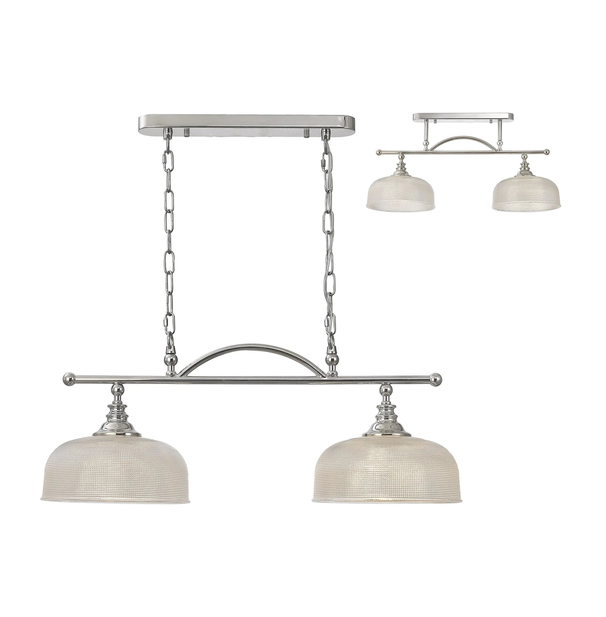 Cleron Semi Flush Mount Ceiling Light - Adjustable 2/3 Light Kitchen Lighting Fixture with E27 Socket in Satin Nickel, Polished Nickel & Antique Brass Finish - Prismatic Glass Shade for Dining Room, Bedroom or Hallway Lighting