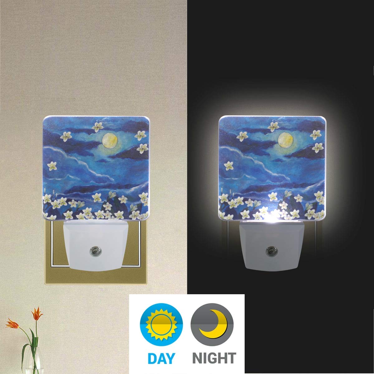 Vikko 2-Pack LED Night Light Plug in with Dusk to Dawn Sensor - White Flowers Moon Blue Sky Painting Design for Kids & Adults - Perfect for Bedroom, Living Room, Hallway & Home Decor - Creates Soothing Ambiance for Nighttime Relaxation