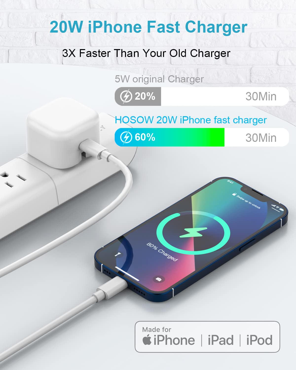Apple MFi Certified 20W Fast Charger with 3M USB-C to Lightning Cable - Fast Charging for iPhone 14/13/12 Pro Max/Mini/11/XS/SE/8 - Perfect for Home, Office & Travel