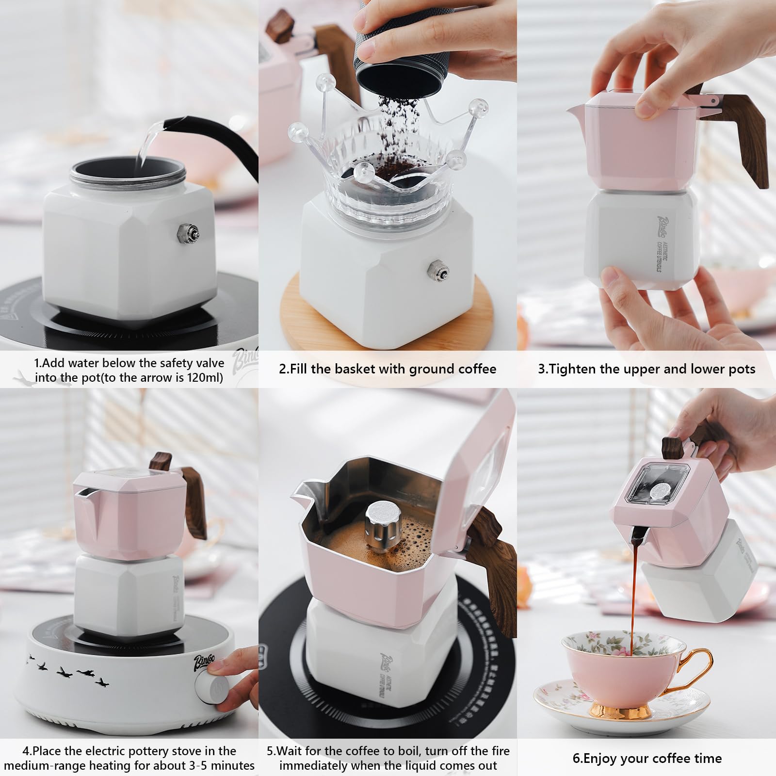 Bincoo 2-Cup Stovetop Espresso Maker - Italian Moka Coffee Pot with Double Valve & Filter Paper, 120ML/4oz (Pink-White) - Perfect for Home Brewing, Camping & Gifts