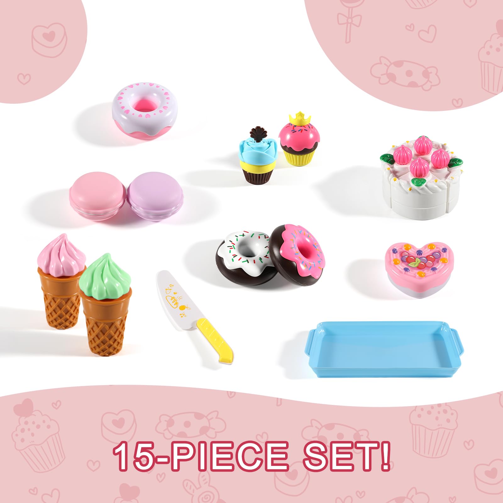 15-Piece Pretend Play Food Set for Kids - Realistic Toy Kitchen Accessories with Cutting Desserts, Cakes, Ice Cream & Donuts - Perfect Birthday Gift for Boys & Girls - Ideal for Role Play, Learning & Toddler Development