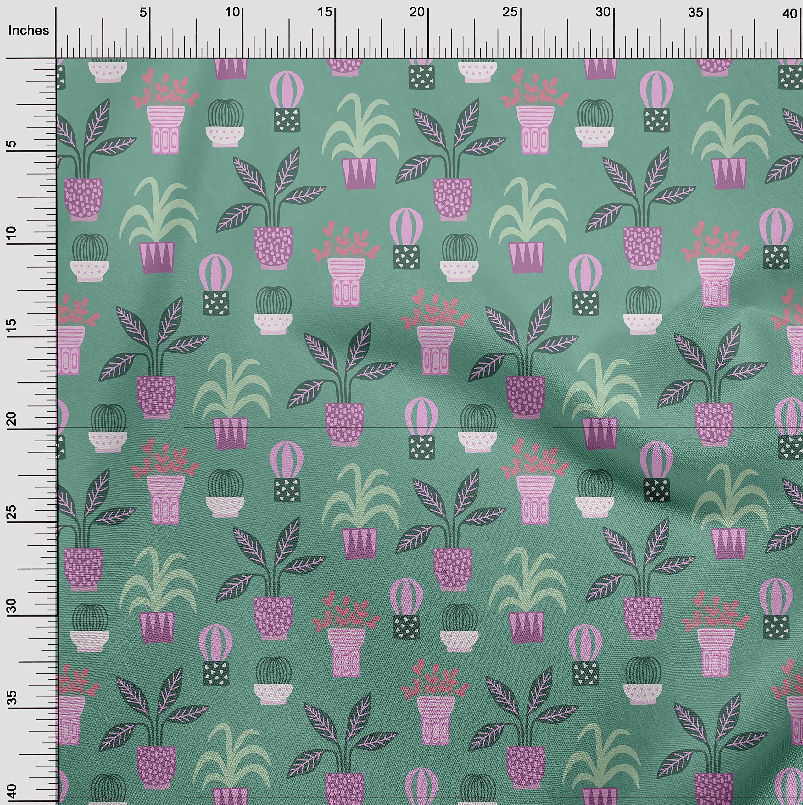 oneOone Cotton Jersey Dark Teal Green Fabric with Flower Pots Motif - 58 Inch Wide for Sewing, Craft Projects & DIY Home Decor | Perfect for Curtains, Pillows, Table Runners & Quilting