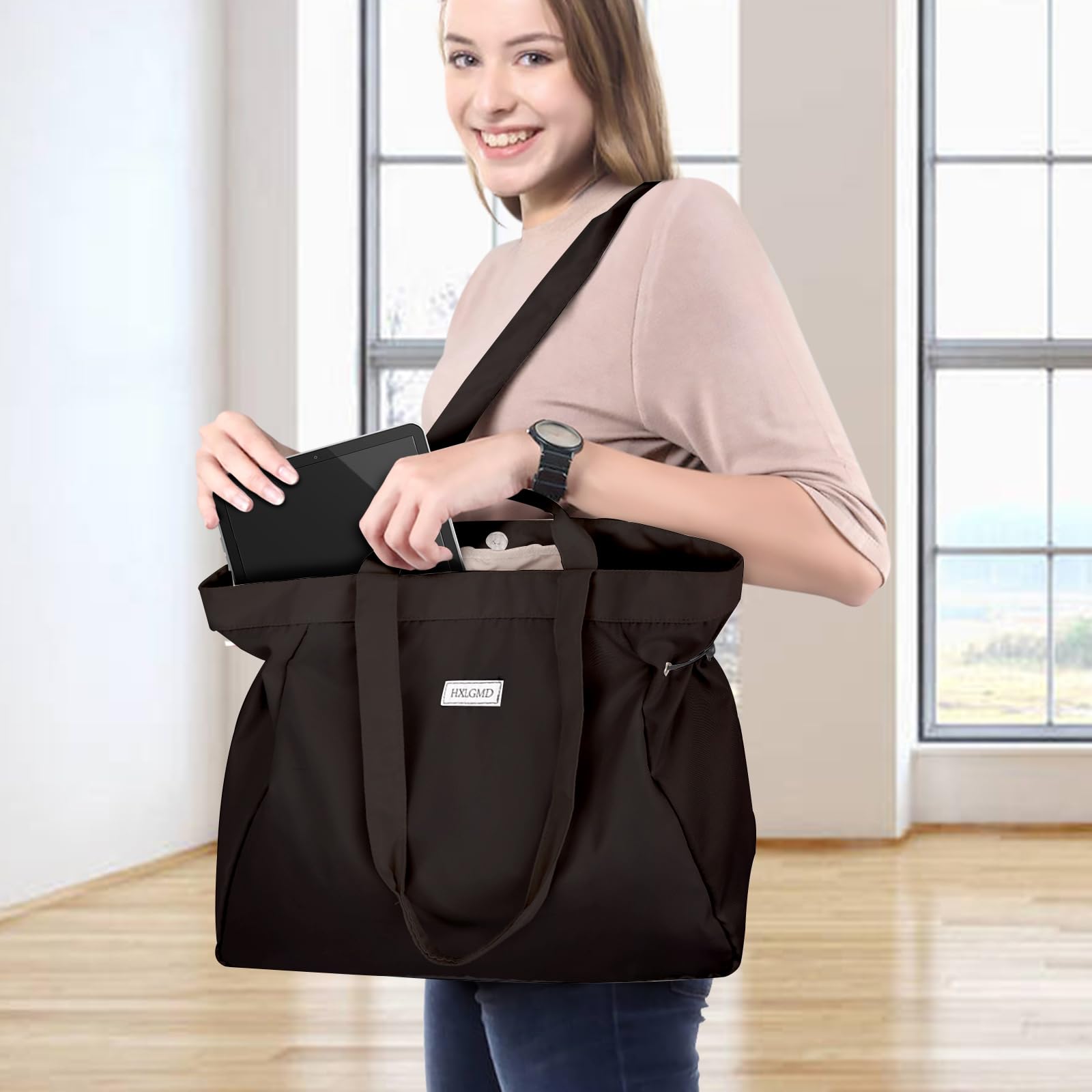 Stylish Foldable Nylon Tote Bag for Women with Zipper - Large Shoulder Bag & Top Handle Handbag - Perfect for Shopping, Travel, Work and Daily Use