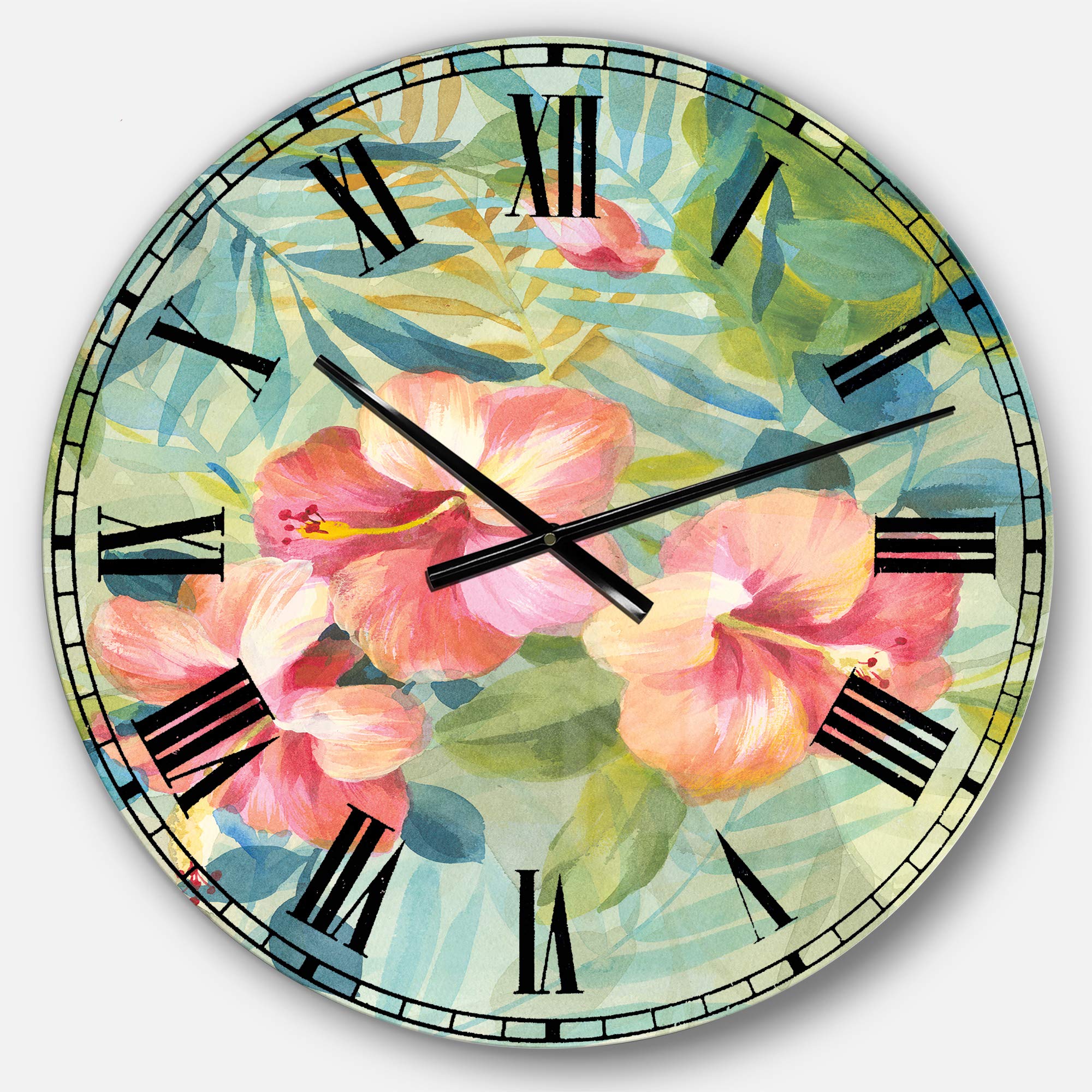 Designart Hibiscus Garden III Round Metal Wall Clock - Farmhouse Wall Art Decor for Home, Living Room, Bedroom & Office | Perfect for Boho, Vintage and Coastal Style Interiors
