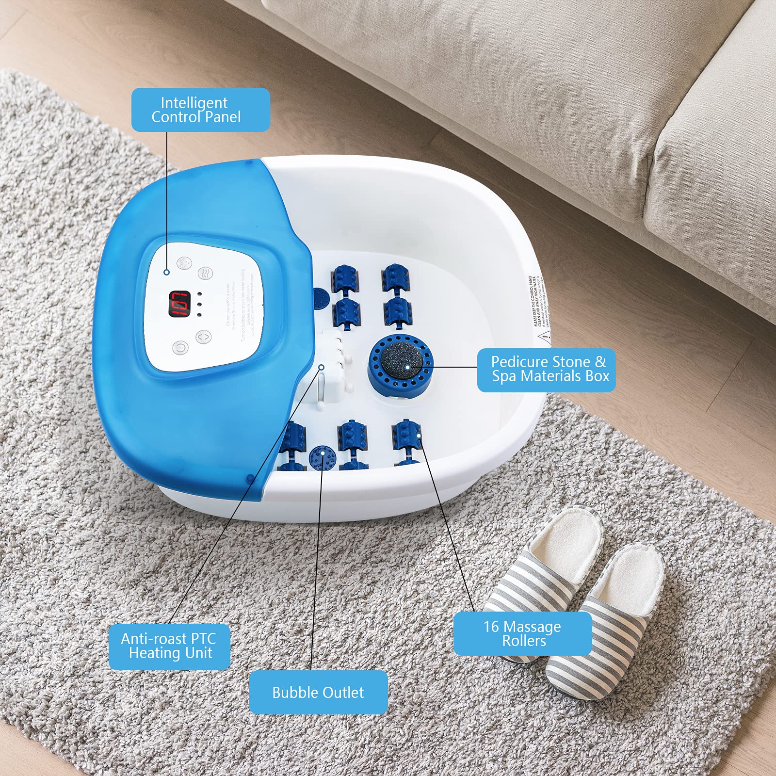 Electric Foot Spa Massager with Fast Heating & Bubbles - 16 Rollers, Pedicure Stone & Digital Temp Control - Perfect for Relaxation, Home Spa & Foot Care