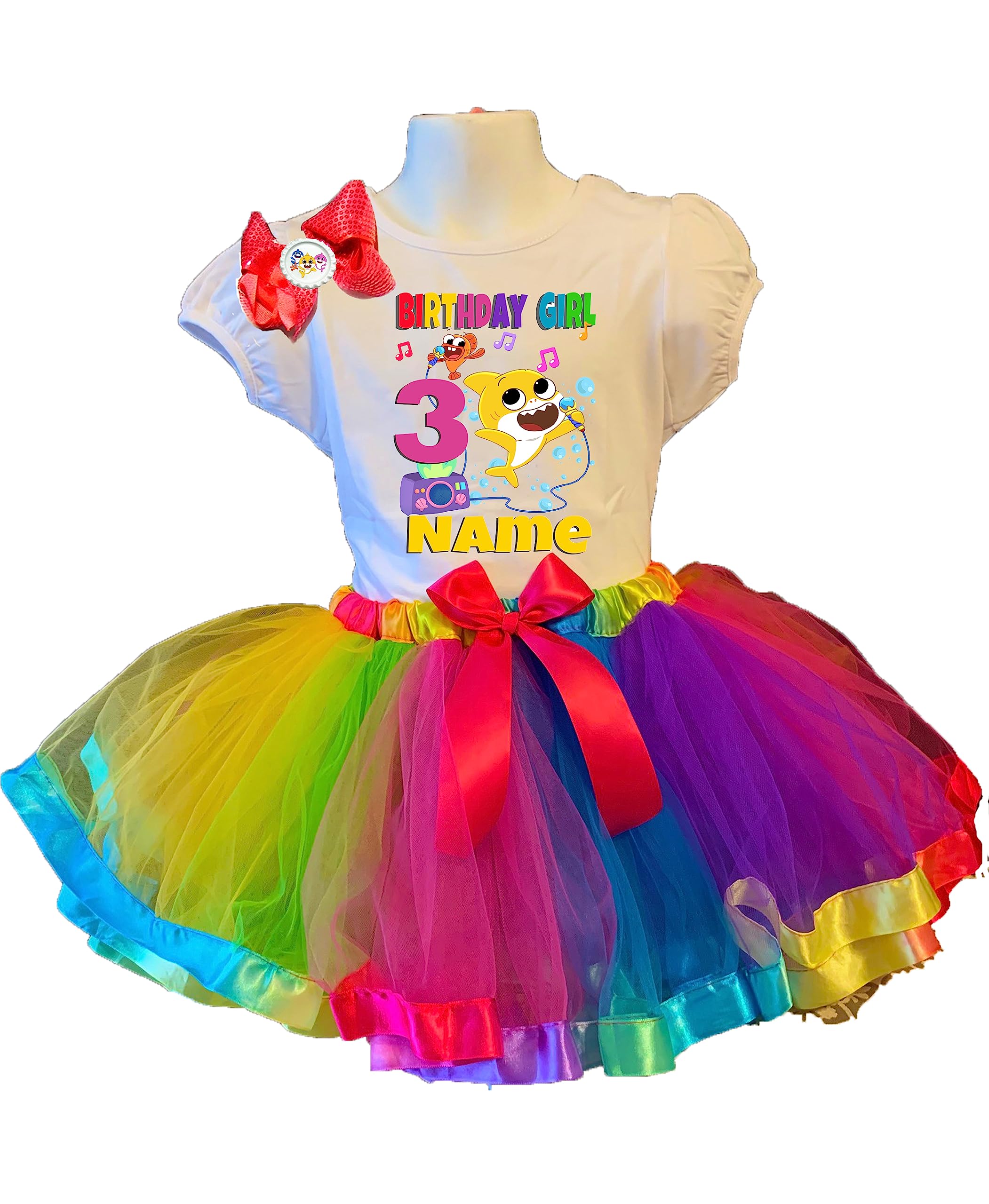 Personalized Rainbow Shark Birthday Tutu Outfit & Shirt for Girls - 3rd Birthday Party Dress & Top for Toddler Girls - Perfect for Shark Themed Birthday Parties, Photo Shoots & Special Celebrations
