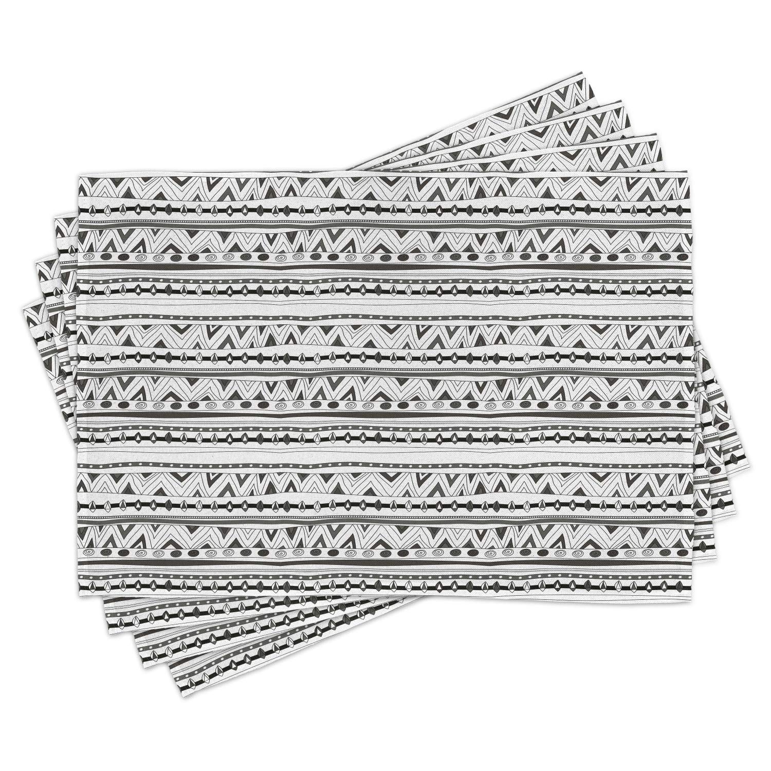 Ambesonne Tribal Placemats Set of 4 - Aztec Geometric Pattern with Circles & Triangles - Washable Fabric Dining Table Mats - Standard Size Charcoal Grey & White - Perfect for Boho Home Decor, Dinner Parties & Kitchen Table Settings