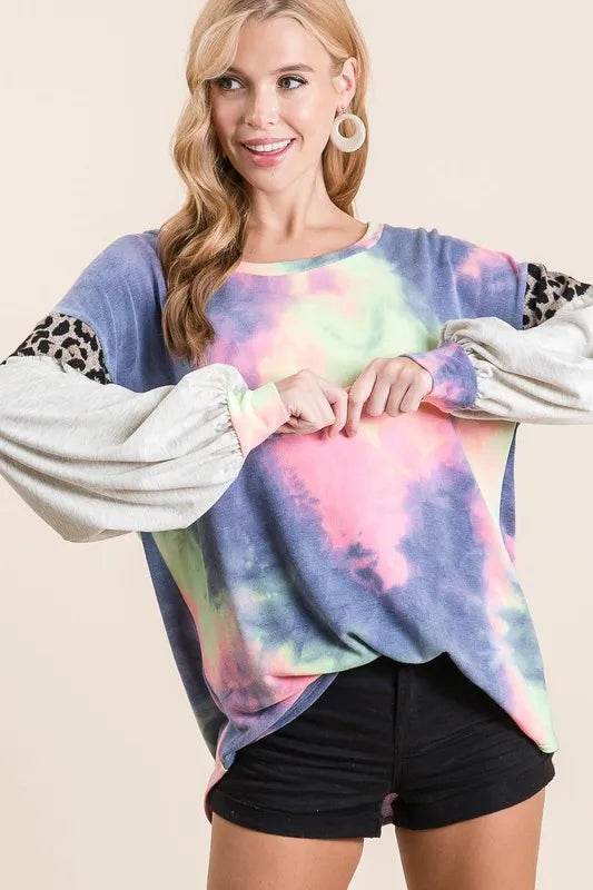 BiBi Tie Dye Terry Top with Contrast Puff Sleeves | Trendy Women's Fashion Tops | Perfect for Summer Outfits, Beach Wear & Casual Street Style