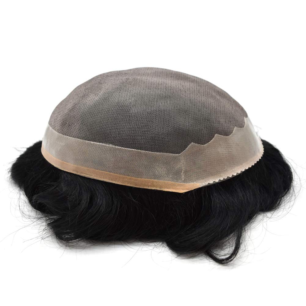 Premium Mono Men's Toupee - 100% Human Hair Wigs with Poly Coating | Jet Black (1#) | 7