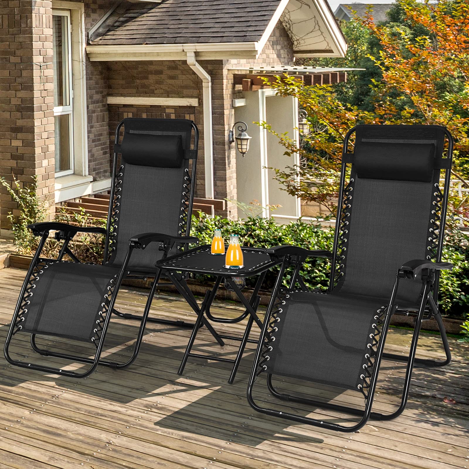 **HAPPYGRILL Zero Gravity Lounge Chairs Set with Coffee Table - 3-Piece Adjustable Folding Reclining Chairs with Side Table & Pillow for Outdoor, Patio, Garden, Camping & Travel - Perfect for Relaxing, Sunbathing & Backyard Lounging**