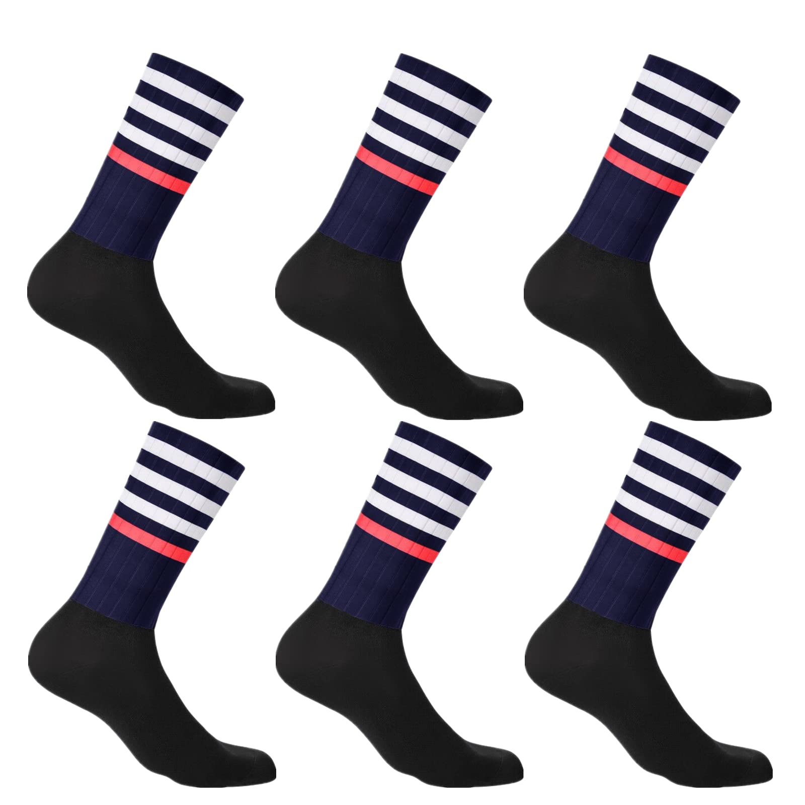 PRIOKNIKO Men's Anti-Slip Silicone Aero Socks - 6 Pairs White Line Athletic Socks for Cycling, Running & Sports - Breathable Workout Socks for Gym, Jogging & Outdoor Activities