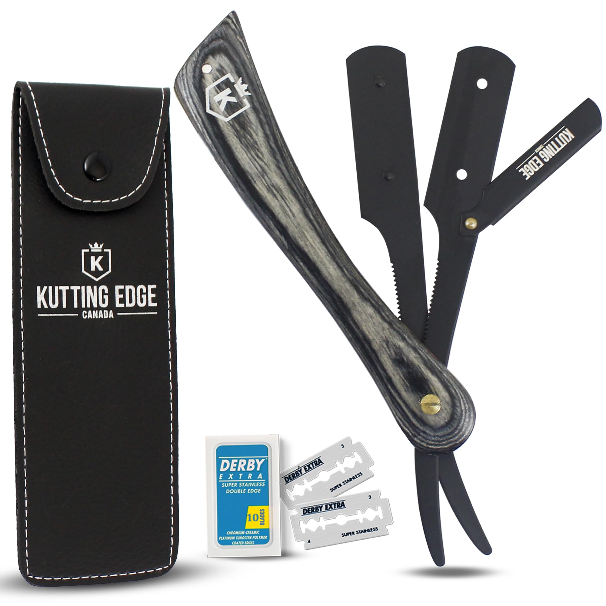 Professional Straight Edge Razor Barber Shaving Kit - 10 Double Edge Blades (20 Refills), Grey Wood Handle, Stainless Steel Safety Razor with Pouch - Perfect for Men's Grooming, Beard Trimming & Classic Wet Shaving at Home or Salon