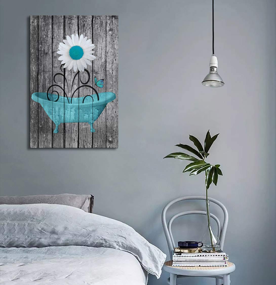 Modern Daisy Canvas Wall Art - Rustic Wood Background Framed Flower Painting 16x24 Inch - Ready to Hang Bathroom, Bedroom, Living Room & Office Decor - Blue Floral Artwork for Home & Spa Relaxation
