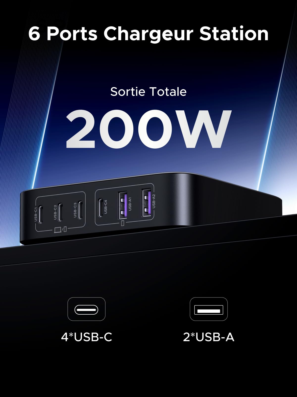 UGREEN Nexode 200W GaN II Fast Charger - 6 Port USB C Charging Station for MacBook Pro/Air M1/M2/M3, iPhone 16/15/14/13/12 Pro Max/Plus, Galaxy S24 Ultra - Includes 2M Power Cable - Perfect for Home, Office & Travel Charging Needs