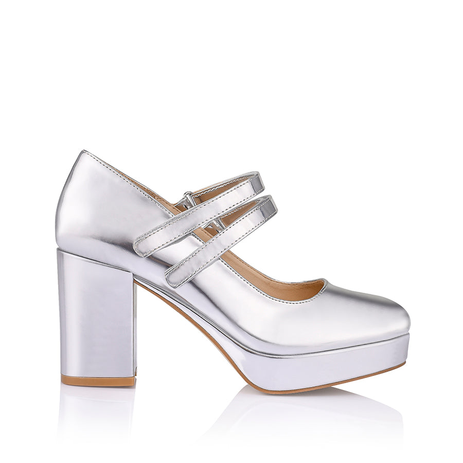 Hella Mary Jane Platform Shoes - Silver Mirror Finish for Women | Retro Fashion & Vintage Style | Perfect for Cosplay, Parties & Everyday Wear