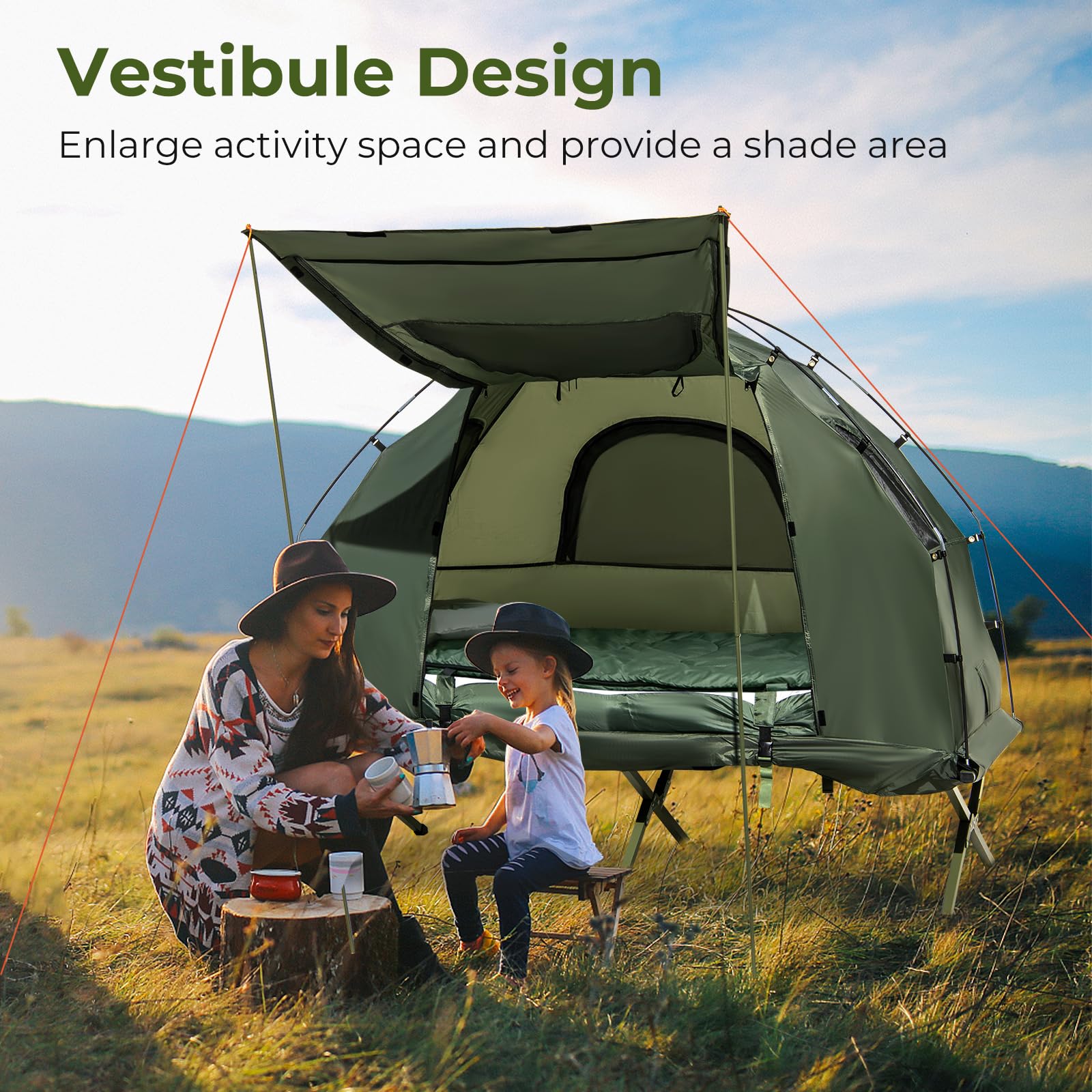GYMAX 5-in-1 Tent Cot with Mattress & Pillows - Portable Folding Camping Bed with Sunshade, Sleeping Bags & Carrying Bag - Perfect for Outdoor Adventures, Hiking, Fishing, Picnics & Backyard Camping