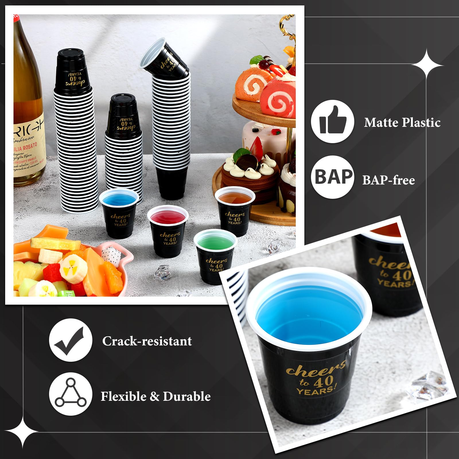 100 Pcs Disposable 2 oz Plastic Shot Glasses - Cheers to 30 40 50 60 70 Years Birthday Party Favors, Anniversary Decorations in Black & Gold - Perfect for Stadium Cups, Bachelorette Parties & Milestone Celebrations (40 Years Option)