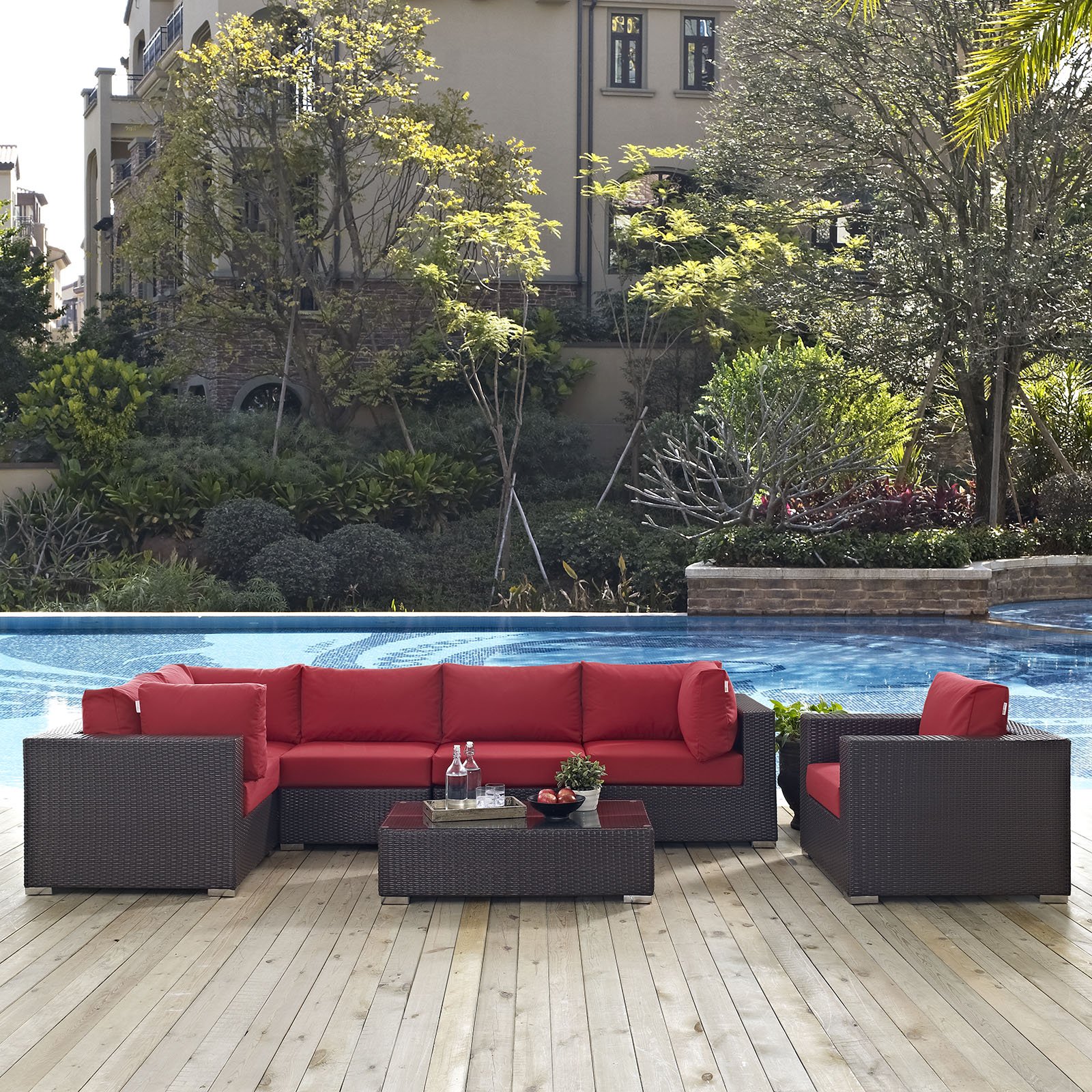 Modway Convene 7-Piece Wicker Rattan Outdoor Patio Sectional Sofa Set - Espresso Red - Durable Weather-Resistant Furniture for Backyard, Garden & Poolside Relaxation